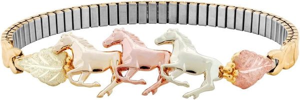 Three Horse Link Bracelet for Women, 10K Yellow Gold Black Hills Gold with 12K Green & Rose Gold Leaves, Western Equestrian Horse Jewelry Bracelet