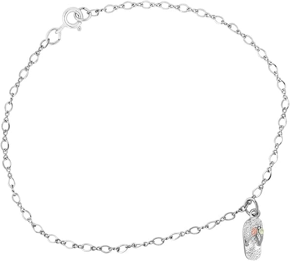 Flip Flop Ankle Bracelet, Sterling Silver, 12k Green and Rose Gold Black Hills Gold Motif, 9.5"