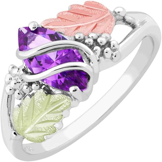 Marquise Created Amethyst February Birthstone Ring, Sterling Silver, 12k Green and Rose Gold Black Hills Gold Motif