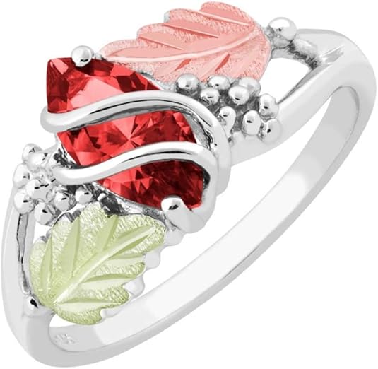 Marquise Created Garnet January Birthstone Ring, Sterling Silver, 12k Green and Rose Gold Black Hills Gold Motif