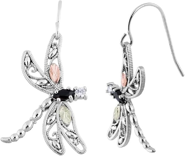 Onyx Dragonfly Earrings, Sterling Silver, 12k Green and Rose Gold Black Hills Gold Motif