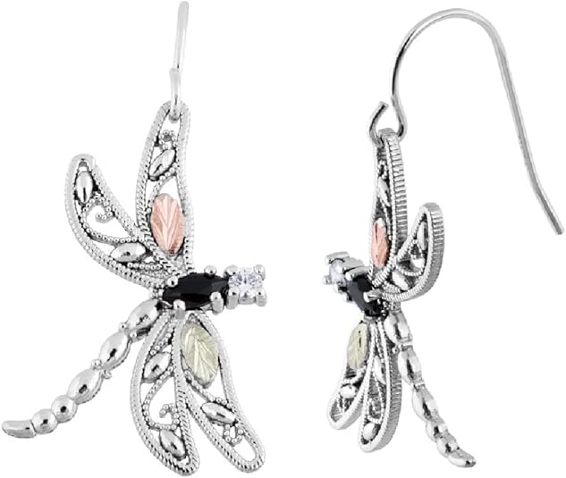 Onyx Dragonfly Earrings, Sterling Silver, 12k Green and Rose Gold Black Hills Gold Motif