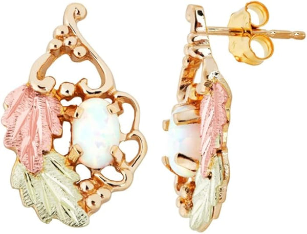 Created Opal Heart Vine Earrings, 10k Yellow Gold, 12k Green & Rose Black Hills Gold, Wiggle-Cut Grape Leaf Earrings for Women