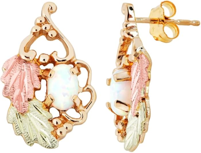 Created Opal Heart Vine Earrings, 10k Yellow Gold, 12k Green & Rose Black Hills Gold, Wiggle-Cut Grape Leaf Earrings for Women