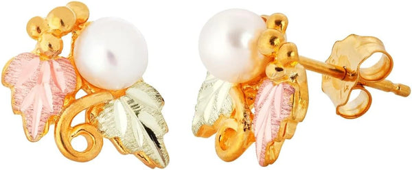 Cultured Pearl Grape Leaf Earrings, 10k Yellow Gold, 12k Green & Rose Black Hills Gold, Wiggle-Cut Vine Pearl Stud Earrings for Women