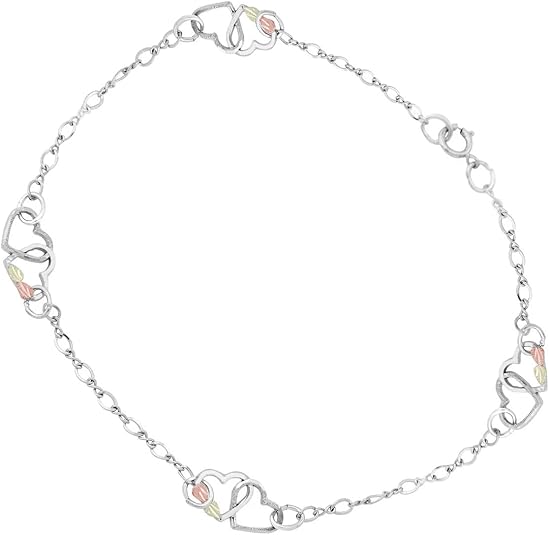 Twin Heart Anklet Bracelet, Sterling Silver, 12k Green and Rose Gold Black Hills Gold Motif, 9"