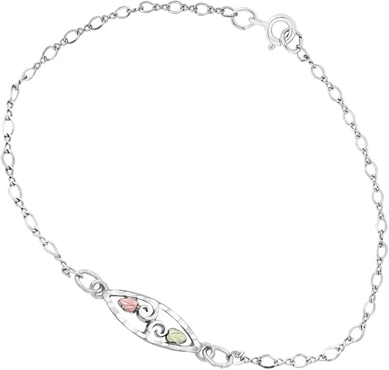 Black Hills Gold Bracelet, Sterling Silver Bracelet with 12K Green and Rose Gold Grape Leaf Accents, Scrollwork Vine Link Bracelet for Women 7 Inches