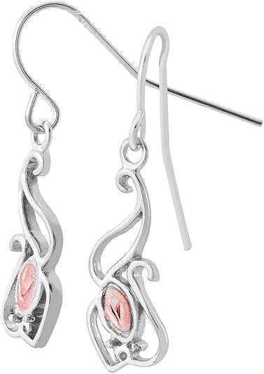 Swirl Design with Inlaid Leaves Earrings, Sterling Silver, 12k Green and Rose Gold Black Hills Gold Motif