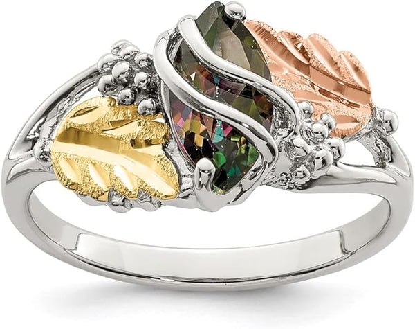 Marquise Mystic Fire Topaz Ring, Sterling Silver, 12k Green and Rose Gold Black Hills Gold Motif