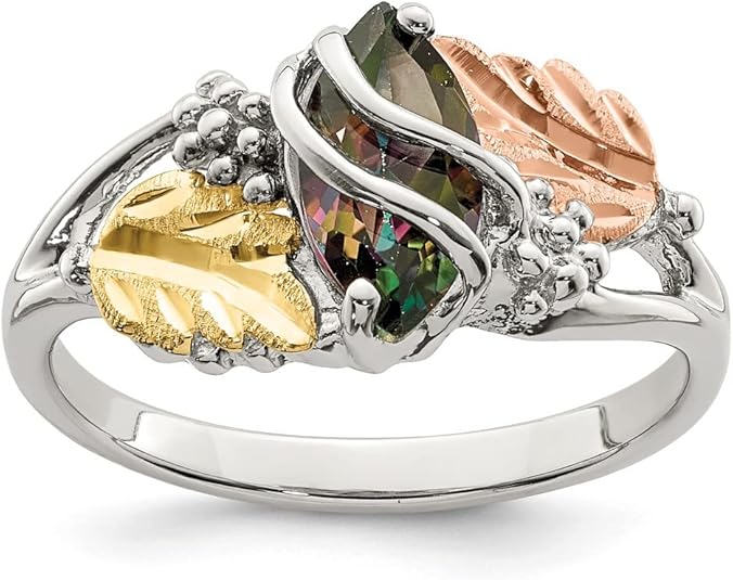 Marquise Mystic Fire Topaz Ring, Sterling Silver, 12k Green and Rose Gold Black Hills Gold Motif