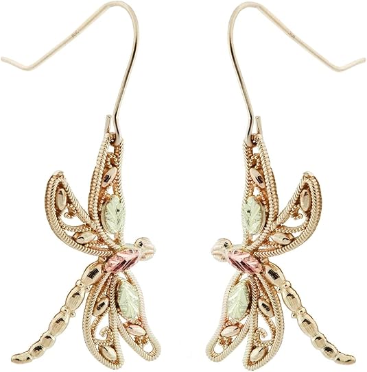 Handcrafted 10k Yellow Gold Dragonfly Filigree Earrings, 12k Rose and Green Gold Black Hills Gold Leaf Accents, Lightweight Dangle Earrings, Nature-Inspired Jewelry Gift for Women