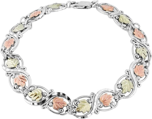 Infinity Bracelet for Women, Sterling Silver Diamond-Cut Black Hills Gold with 12K Green & 12K Rose Gold Leaf Accents, Tri-Tone Infinity Link Bracelet, 7.75 Inch