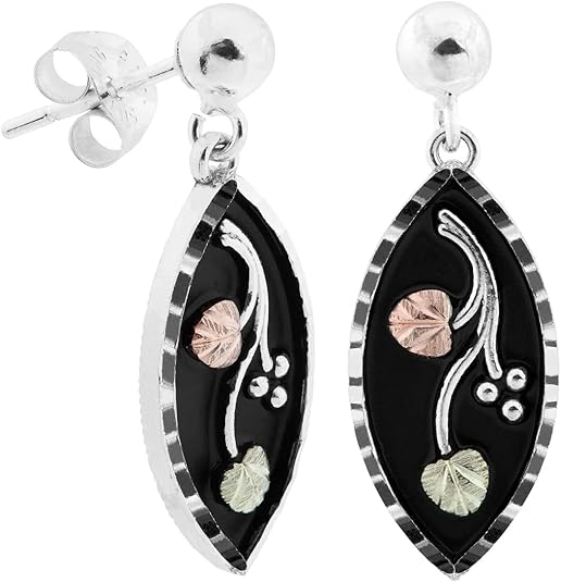 Black Hills Gold Grape Leaf Drop Earrings – Sterling Silver with 12K Rose & Green Gold Leaves, Diamond-Cut Black Enamel Marquise Dangle Earrings