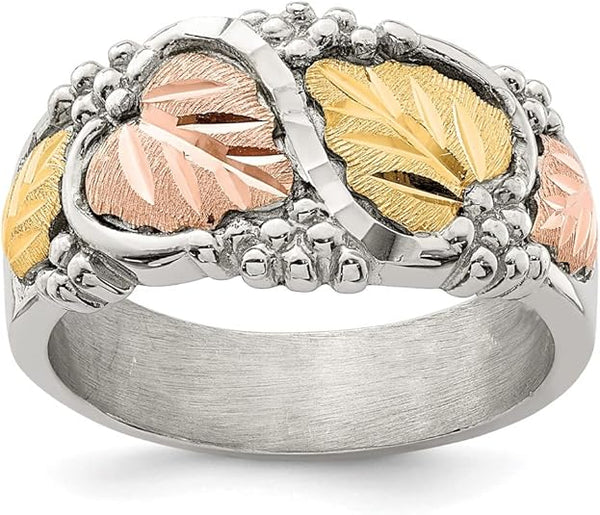 Fancy Victorian-Style Band, Sterling Silver 12k Rose Gold, 12k Green Gold Black Hills Gold Motif, Matching Rings for Men and Women