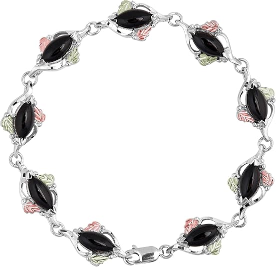 Marquise Onyx Link Bracelet, Sterling Silver, 12k Green and Rose Gold Black Hills Gold Motif, 7"