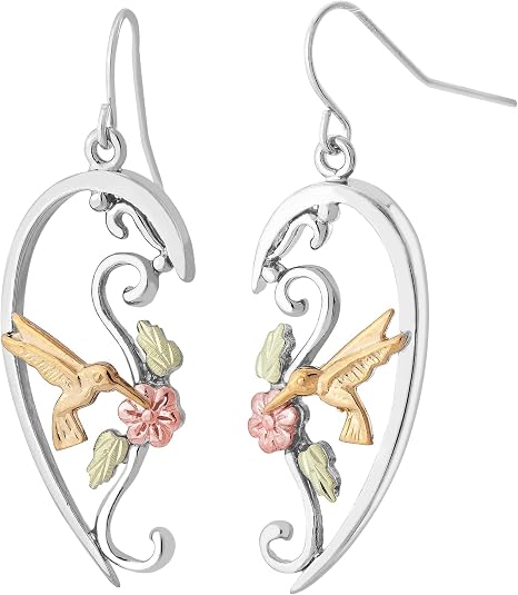 Petite Hummingbird Earrings, Sterling Silver, 12k Green and Rose Gold Black Hills Gold Motif