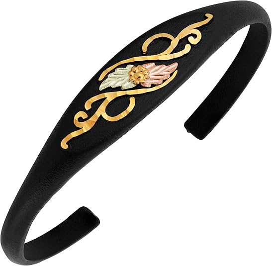 Black Hills Gold Leaf Cuff Bracelet for Women, Black Powder-Coated Cuff with 10K Yellow Gold Scroll & 12K Green and Rose Gold Leaves, Western Style Open Cuff Bracelet