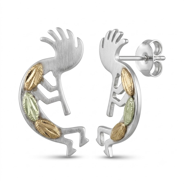 Kokopelli Stud Earrings, Sterling Silver, 12k Green and Rose Gold Black Hills Gold Motif