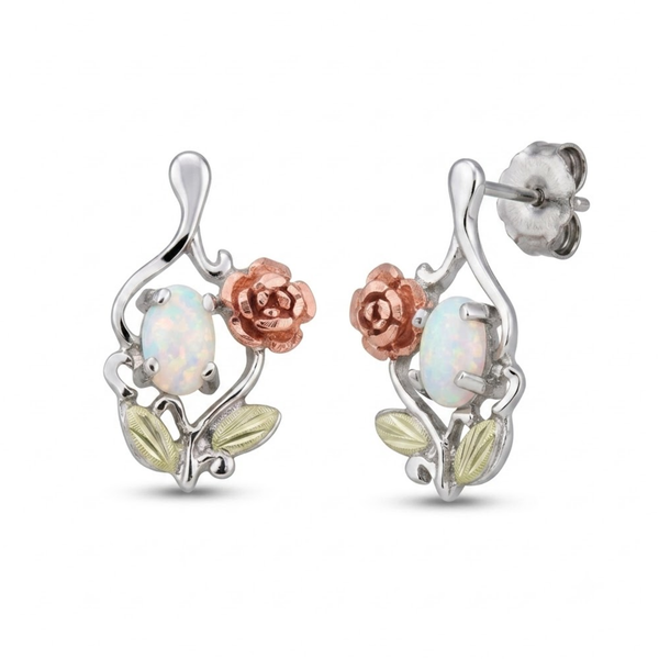 Opal Rose Earrings, Sterling Silver, 10k Yellow Gold, 12k Green and Rose Gold Black Hills Gold Motif