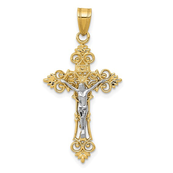 14K Two-Tone Medium Lacy-Edge Inri Crucifix Pendant (35mmx 18mm)