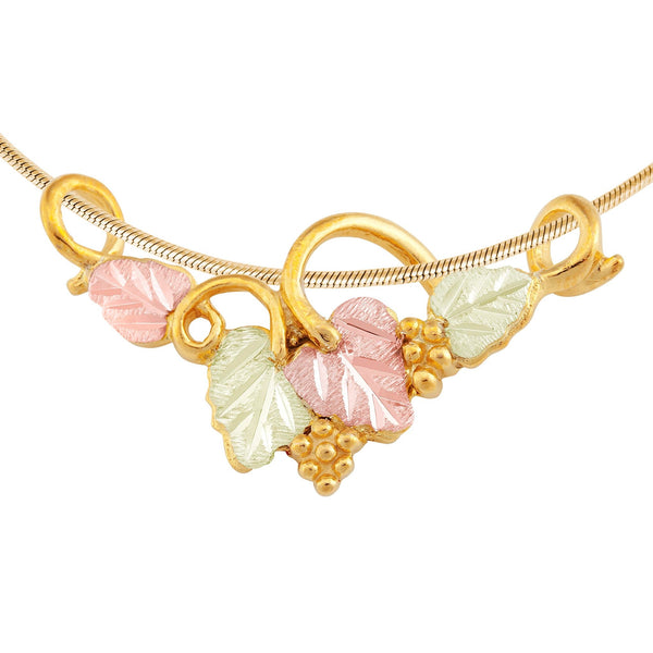 Vine Necklace with Grapes and Leaves, 10k Yellow Gold, 12k Green and Rose Gold Black Hills Gold Motif, 18"