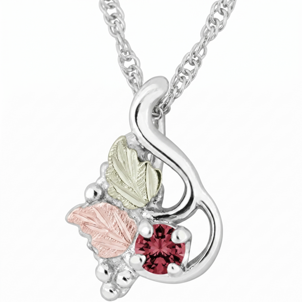 Genuine Idaho Garnet Pendant Necklace, Sterling Silver, 12k Green and Rose Gold Black Hills Gold Motif, 18"