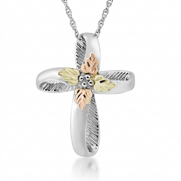 Infinity Cross Pendant Necklace, Sterling Silver, 12k Green and Rose Gold Black Hills Gold Motif, 18''
