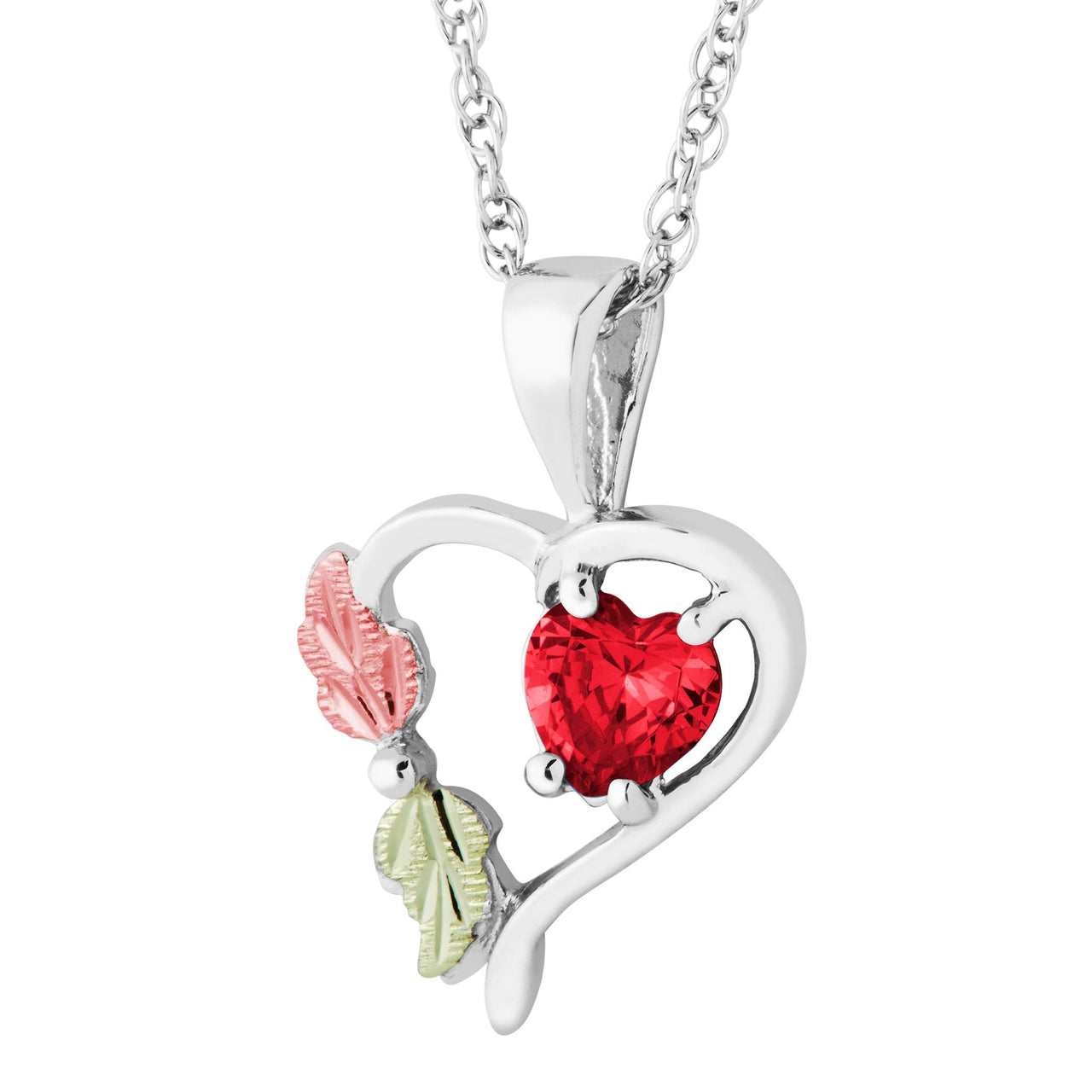Red CZ July Birthstone Heart Pendant Necklace, Sterling Silver, 12k Green and Rose Gold Black Hills Gold Motif, 18"