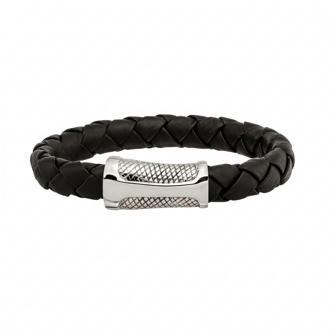 Men's Polished Stainless Steel Black Leather Textured Bracelet, 8.5"