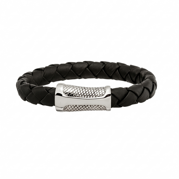 Men's Polished Stainless Steel Black Leather Textured Bracelet, 8.5"