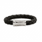 Men's Polished Stainless Steel Black Leather Textured Bracelet, 8.5"