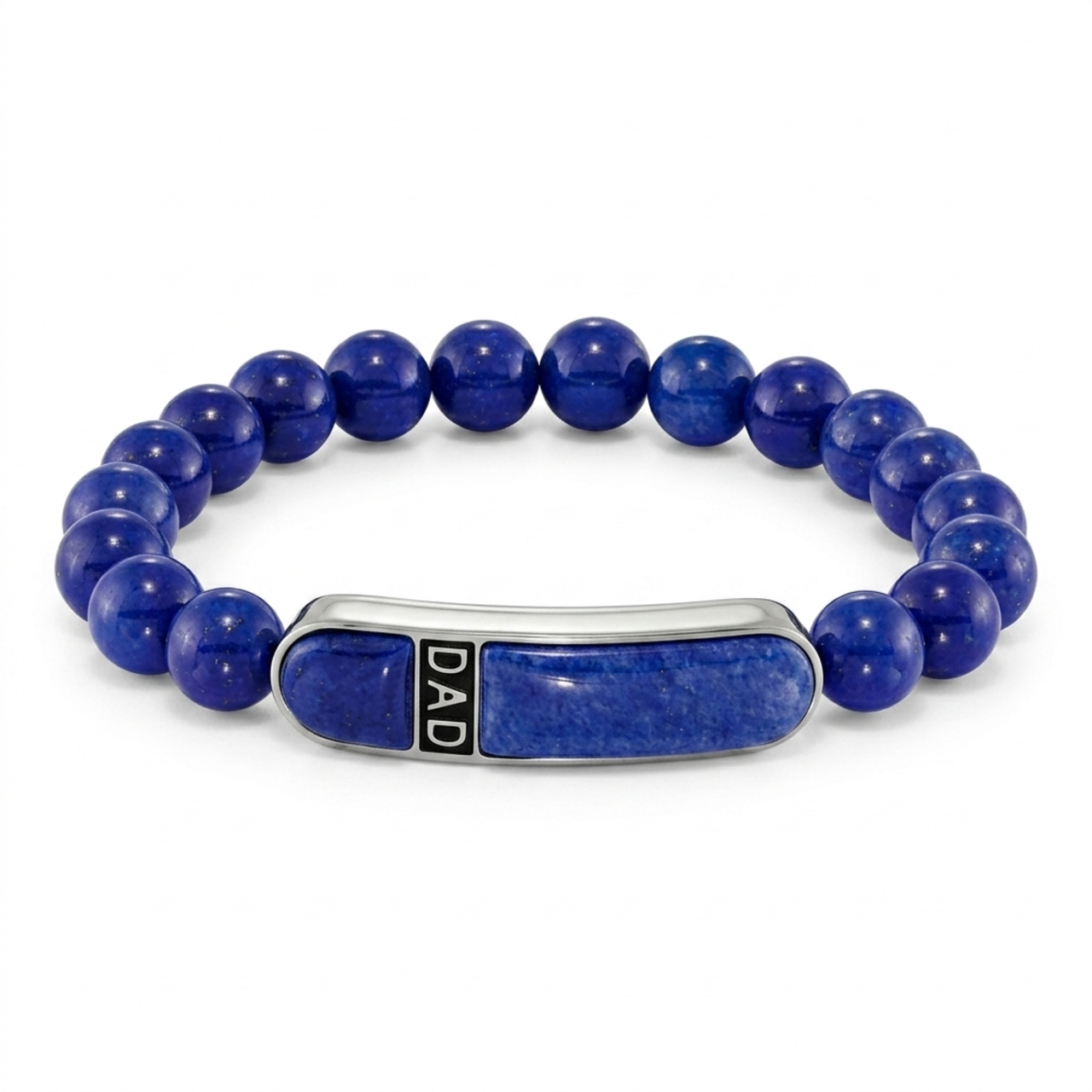 Men's Stainless Steel 10.47mm Enameled Lapis Beaded Dad Stretch Blue ID Bracelet