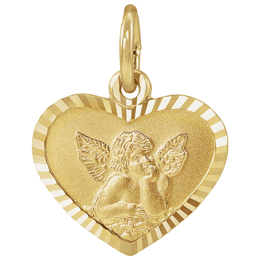 14k Yellow Gold Angel Heart Pendant with Diamond-Cut Frame