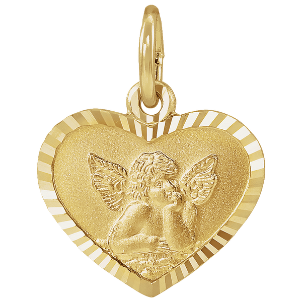 14k Yellow Gold Angel Heart Pendant with Diamond-Cut Frame