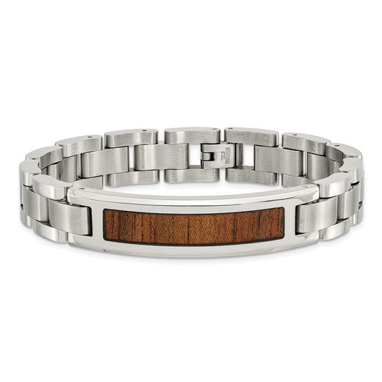Men's Brushed Stainless Steel 12mm Wood Inlay Enameled Bracelet, 8.5 Inches