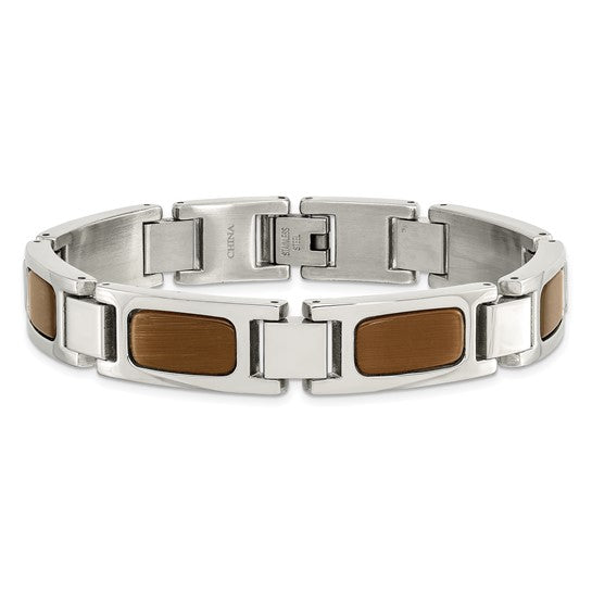 Men's Polished Stainless Steel with Tiger's Eye Bracelet, 8.5"