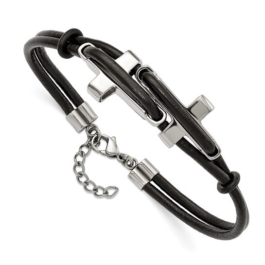 Men's Polished Stainless Steel 17mm Black Leather Bracelet, 8.25"