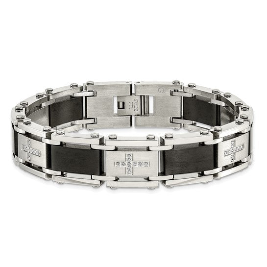 Men's Brushed Stainless Steel 19mm Black IP-Plated and Black Diamond Cross Bracelet, 8.75" (.25Ctw)