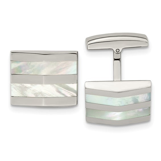 Stainless Steel Polished Mother Of Pearl Square Cuff Links