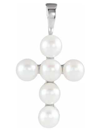 14K White Cultured White Freshwater Pearl Cross Pendant (4.5-5.0 MM)
