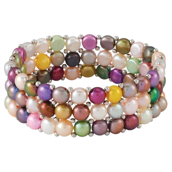 Earthtone Multi-Color Freshwater Cultured Pearl 3-Strand Stretch Bracelet, 6"-8" (5.5-6.0MM)