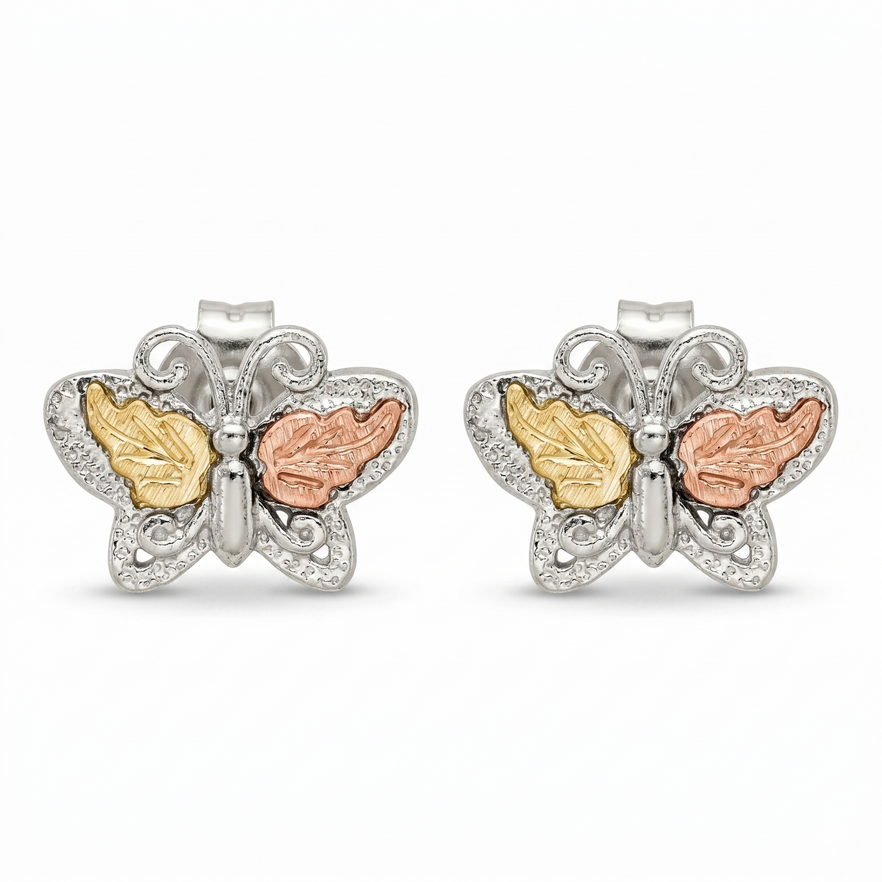 Petite Butterfly Earrings, Sterling Silver, 12k Green and Rose Gold Black Hills Gold Motif