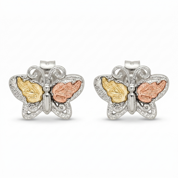 Petite Butterfly Earrings, Sterling Silver, 12k Green and Rose Gold Black Hills Gold Motif