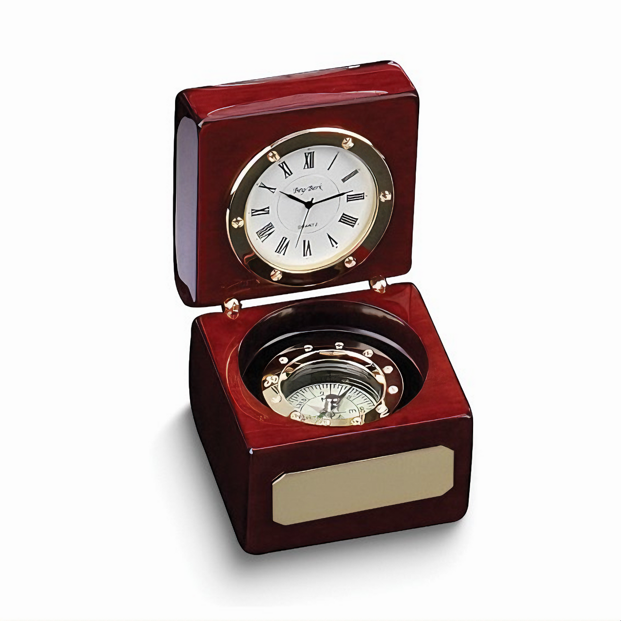 Rosewood Box with Brass Clock and Brass Compass (4.25x4.25IN)