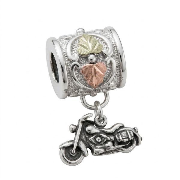 Black Hills Gold Motorcycle Charm Bead – Sterling Silver with 12K Green & Rose Gold Leaves, Biker Dangle Bracelet Charm