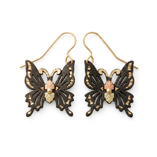 Black Butterfly Earrings, 12k Rose and Green Gold Black Hills Gold Motif
