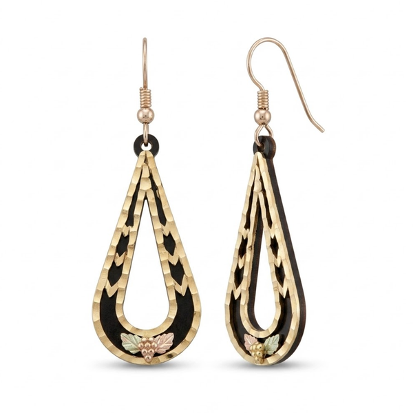 Black Enamel Rose Dangle Earrings, 10k Yellow Gold, 12k Green and Rose Gold Black Hills Gold Motif