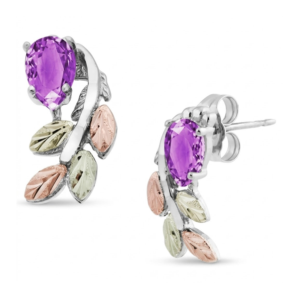 Amethyst Pear Petite Leaf Cascade Earrings, Sterling Silver, 12k Green and Rose Gold Black Hills Gold Motif
