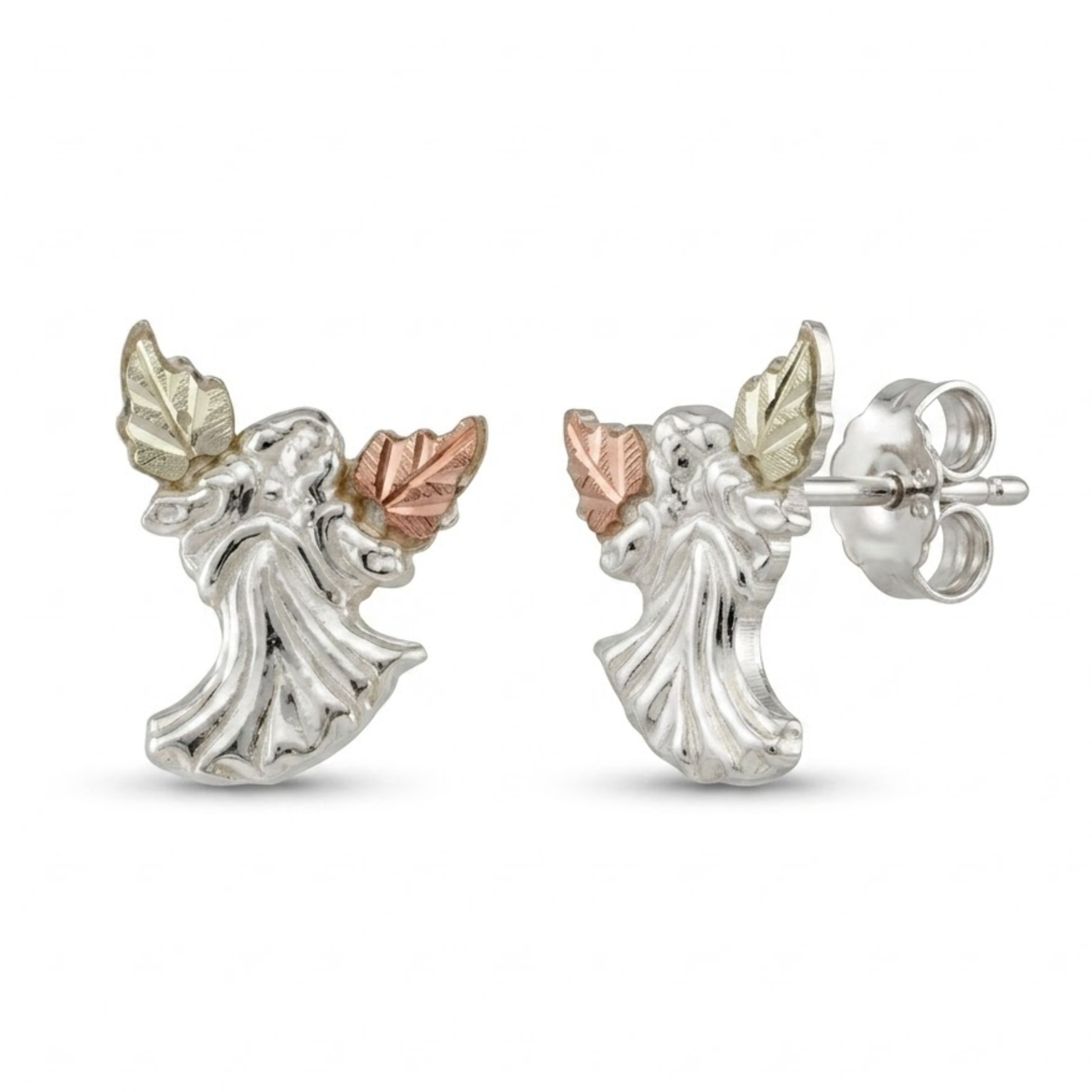 Black Hills Gold Angel Stud Earrings Sterling Silver with 12k Green & Rose Gold Leaves, Guardian Angel Religious Jewelry for Women