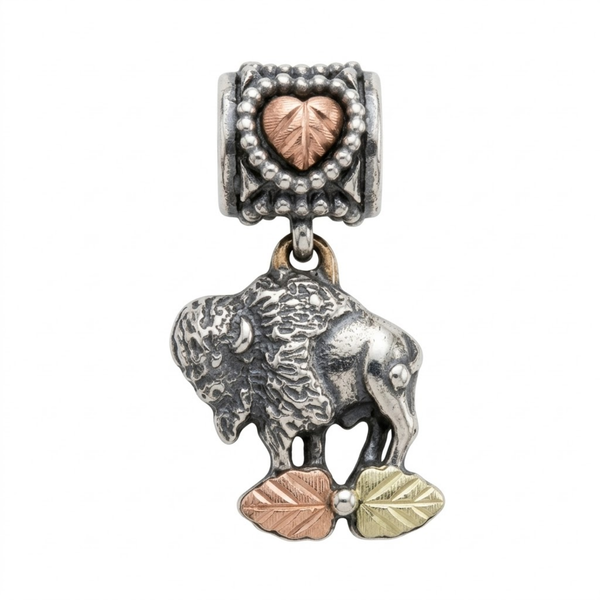 Antiqued Buffalo and Heart Dangle Bead Charm, Sterling Silver and Black Hills Gold Motif